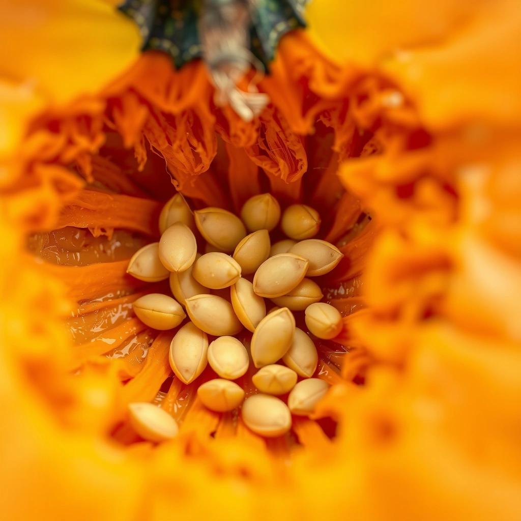 Zbliżenie wnętrza dyni (miąższ i nasiona) - Materiały - Dynia