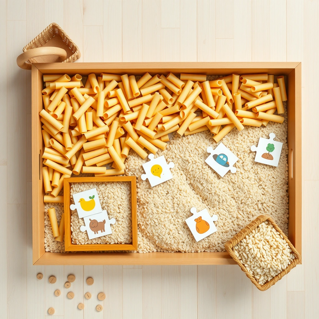Taca sensoryczna z makaronem/ryżem i ukrytymi fragmentami - Materiały - Dzień Puzzli