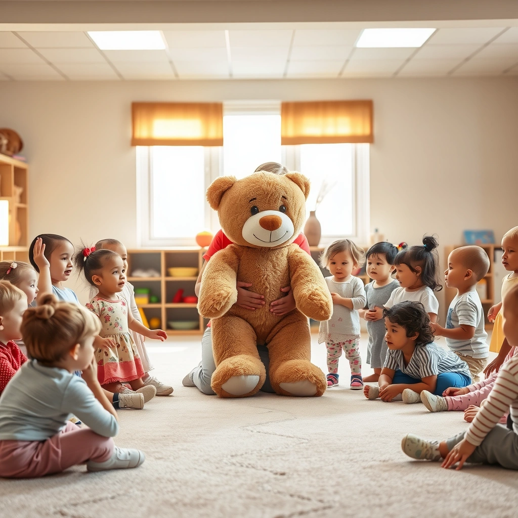 Zdjęcie inscenizacyjne: Dzieci i pluszowy miś - Materiały - Dzień Niedźwiedzia