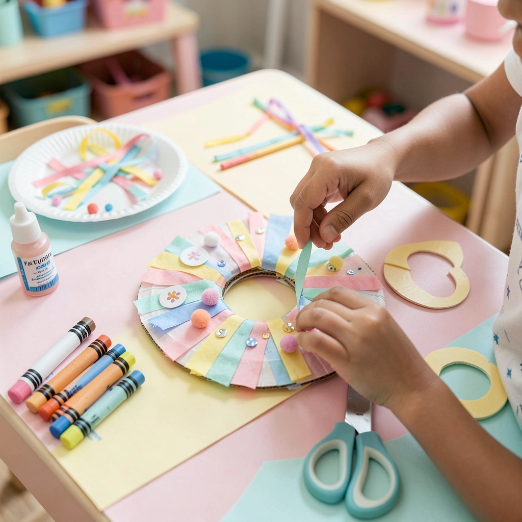 Ilustracja wprowadzająca — stół z materiałami i papierowy pączek - Materiały - Tłusty Czwartek