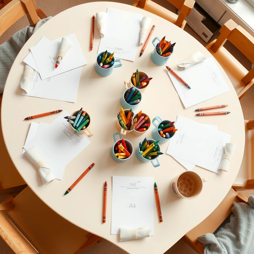 Stanowisko pracy - przygotowany stolik - Materiały - Kredki