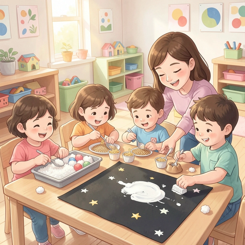 Scena: Dzieci przy stacjach sensorycznych - Materiały - Dzień Plutona