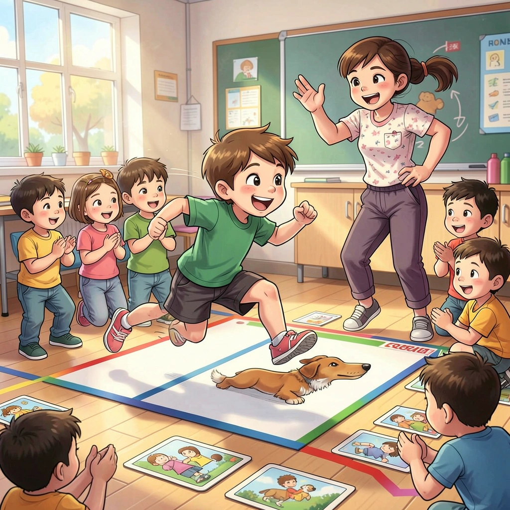 Gra ruchowa — dziecko biegnie do obrazka i pokazuje ruchem - Materiały - Dzień Gramatyki