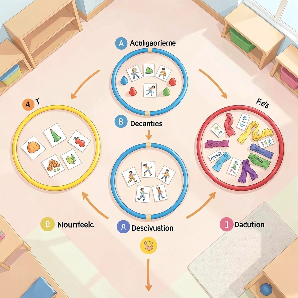 Plan toru słów — stacje z hula-hoop i kolorowymi szalikami - Szablony - Dzień Gramatyki