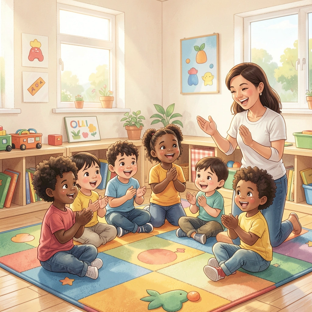 Scena powitania — dzieci w kole, nauczyciel śpiewa - Materiały - Dzień Gramatyki