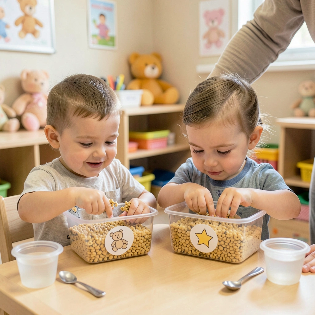 Sortowanie płatków — dzieci przy stoliku - Materiały - Dzień Płatków Śniadaniowych