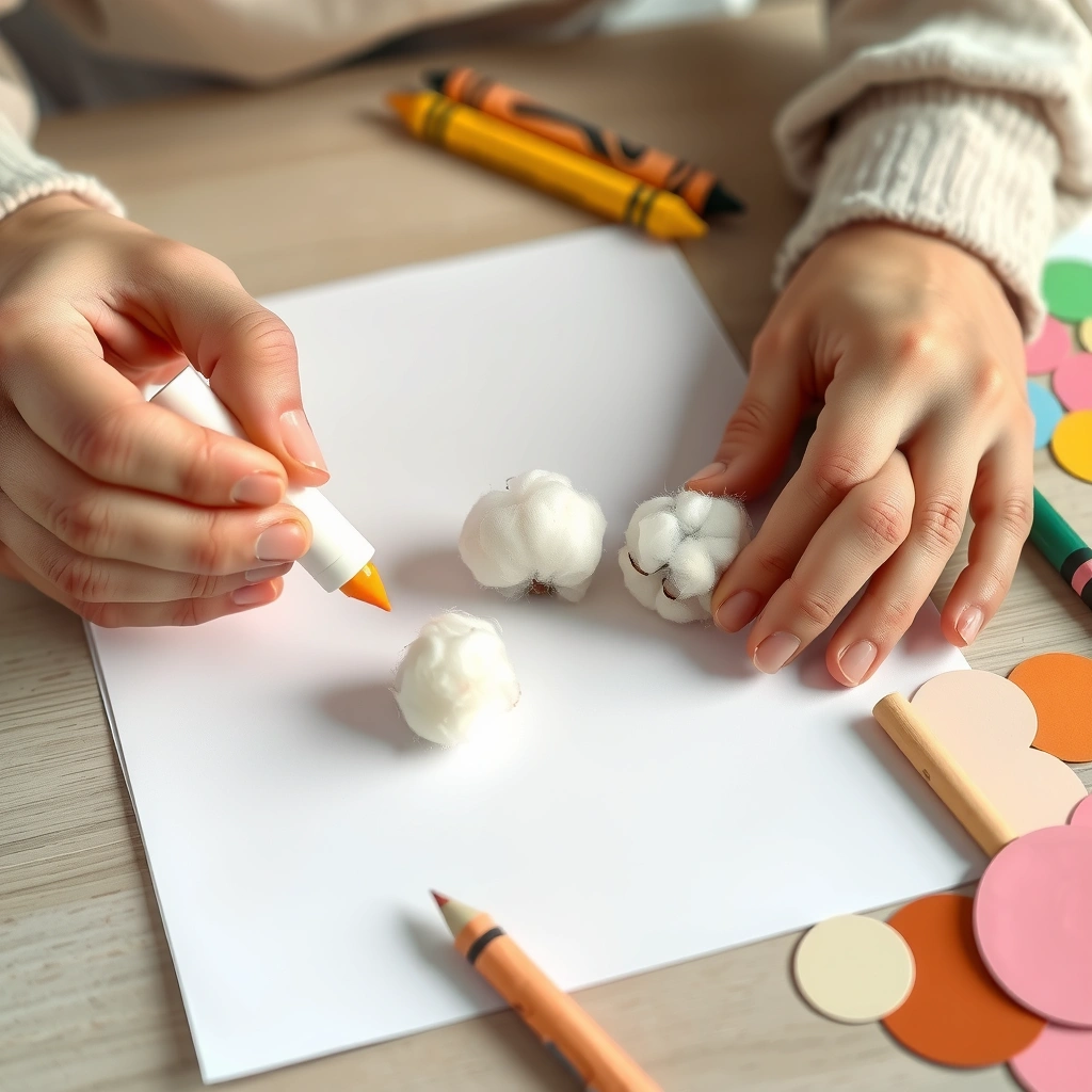 Detal: przyklejanie waty (ręce opiekuna) - Materiały - Boże Narodzenie