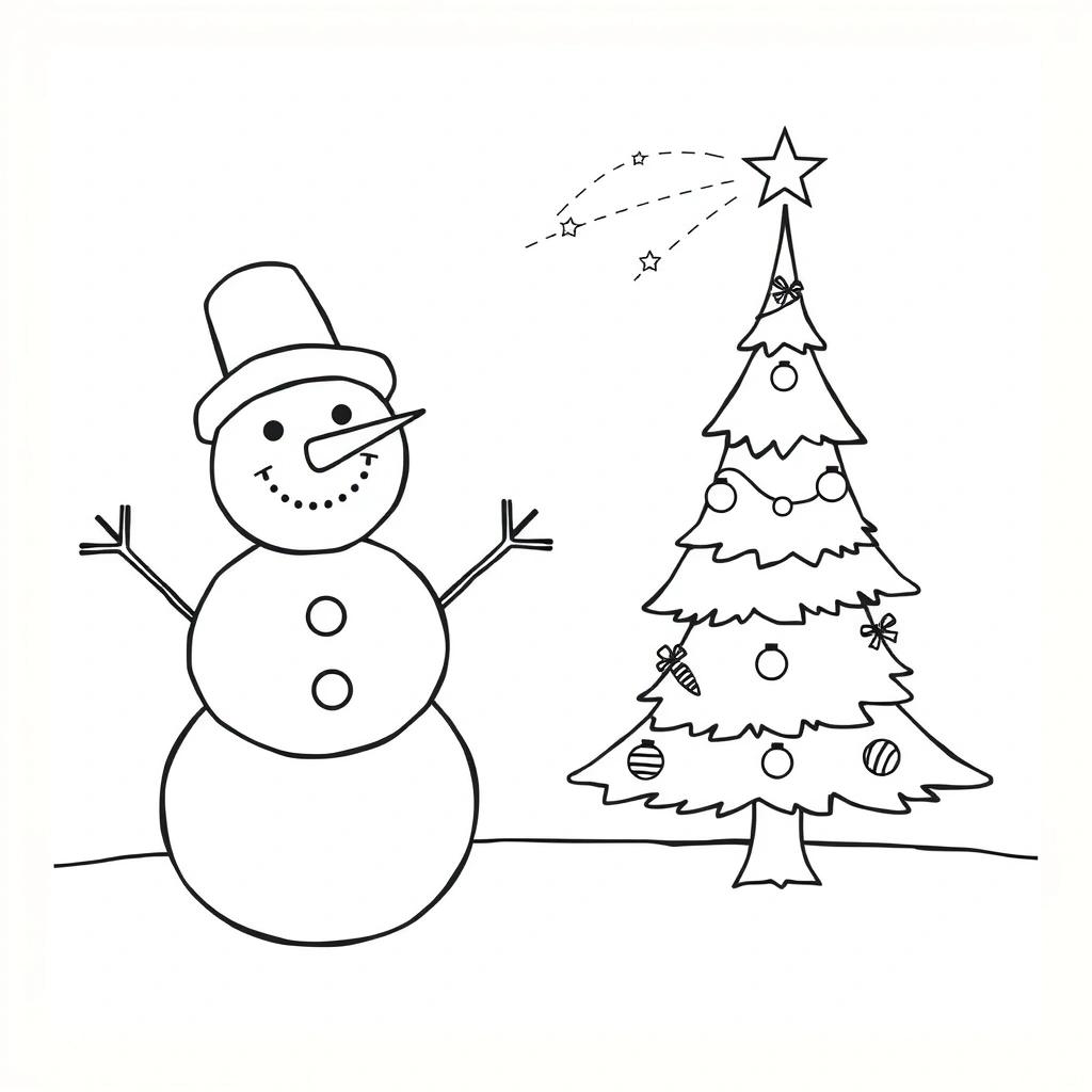 Kolorowanka: bałwanek i choinka (strona A4) - Kolorowanki - Boże Narodzenie
