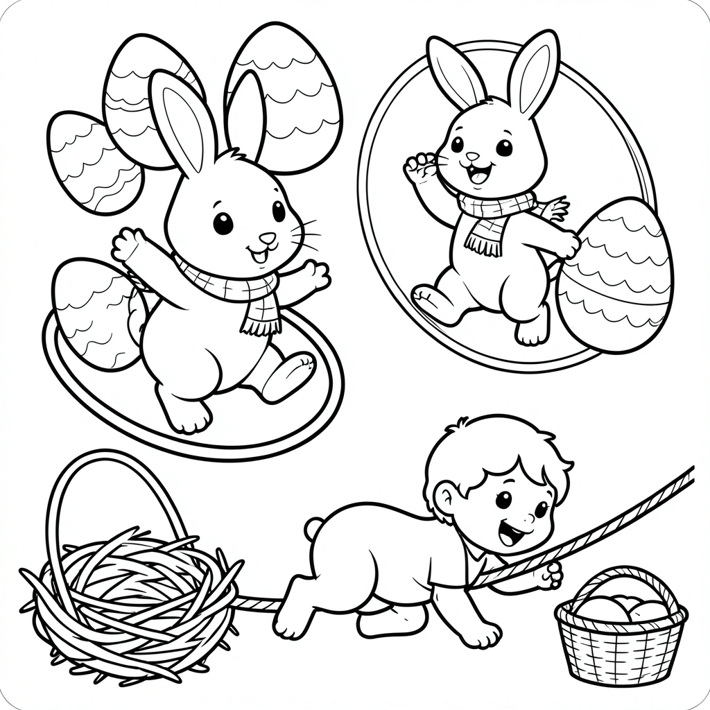 Kolorowanka: Zajączek i zabawy wielkanocne - Kolorowanki - Wielkanoc