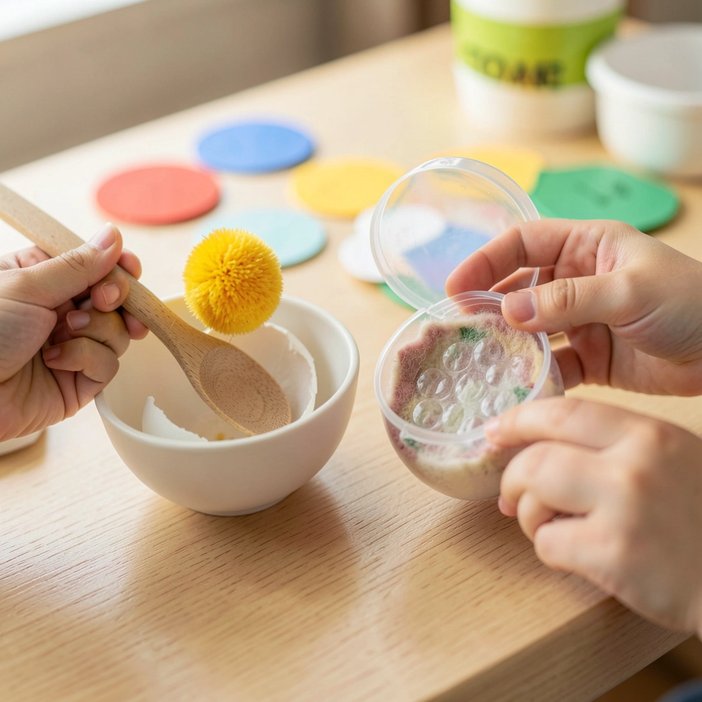 Zdjęcie: Zbliżenie rączek dziecka podczas przenoszenia pompona i otwierania jajeczka - Materiały - Wielkanoc