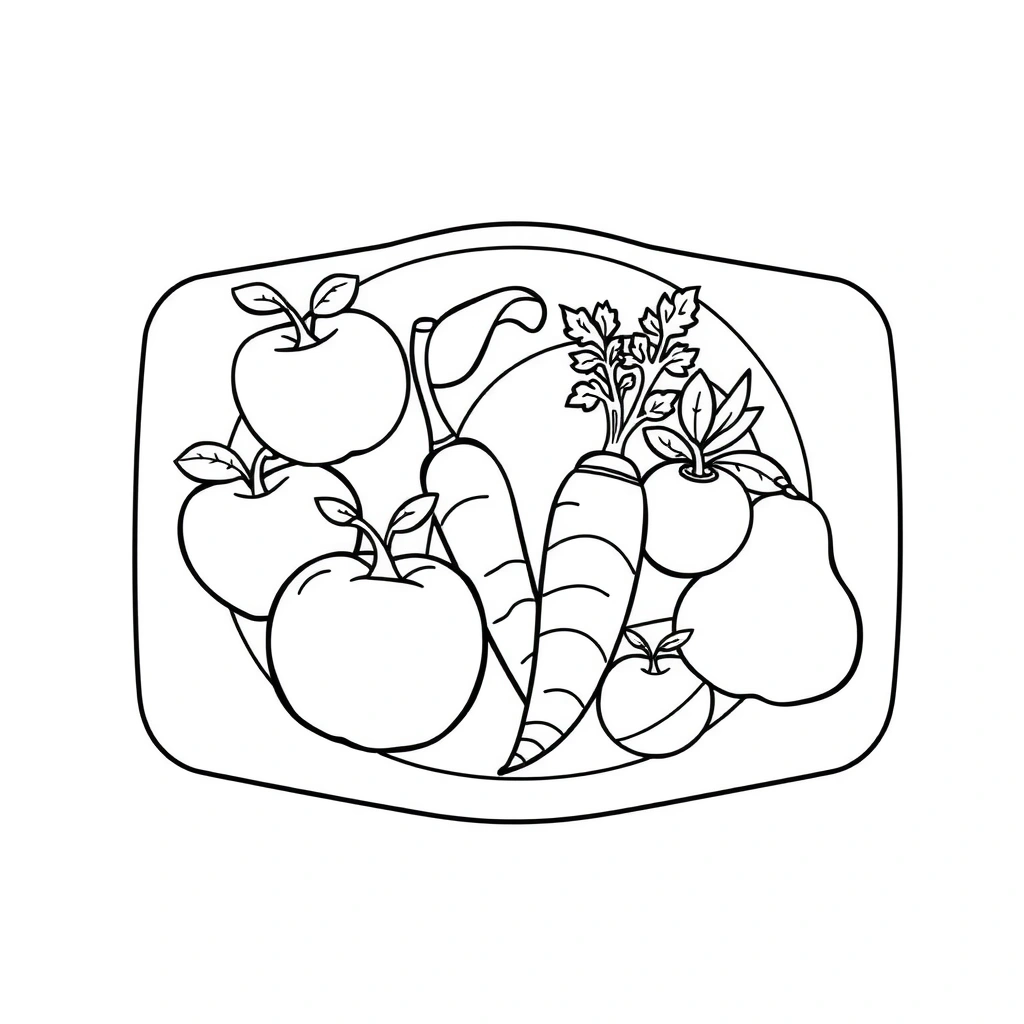 Kolorowanka: talerzyk z owocami i warzywami - Kolorowanki - Zdrowe Jedzenie