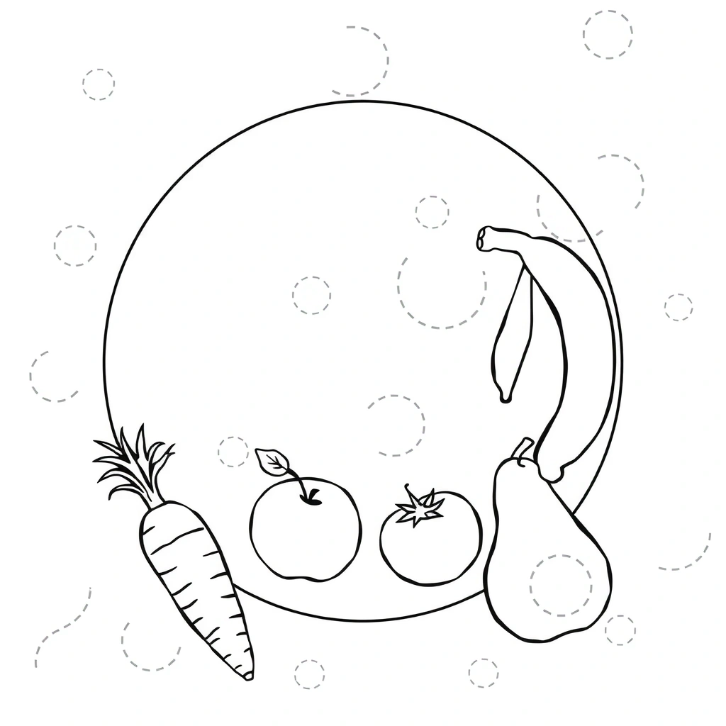 Kolorowanka: talerzyk z owocami i warzywami - Kolorowanki - Zdrowe Jedzenie
