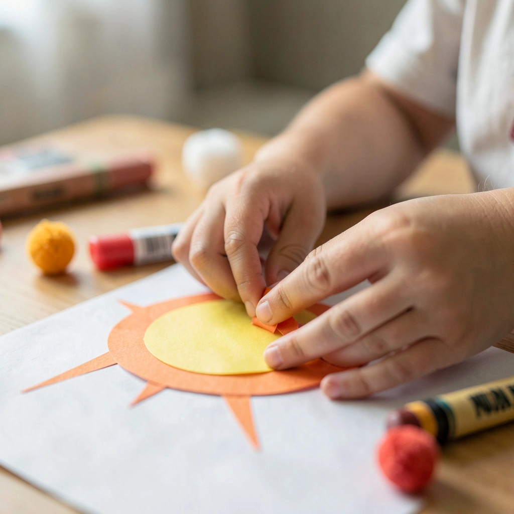 Zbliżenie rąk dziecka przyklejających promyk - Materiały - Dzień Szczęścia