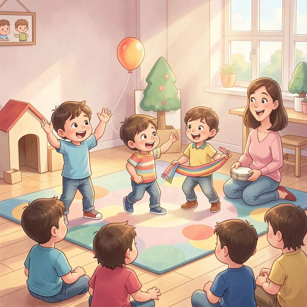 Ilustracja sceny: dzieci przedstawiają mini scenkę - Materiały - Dzień Szczęścia