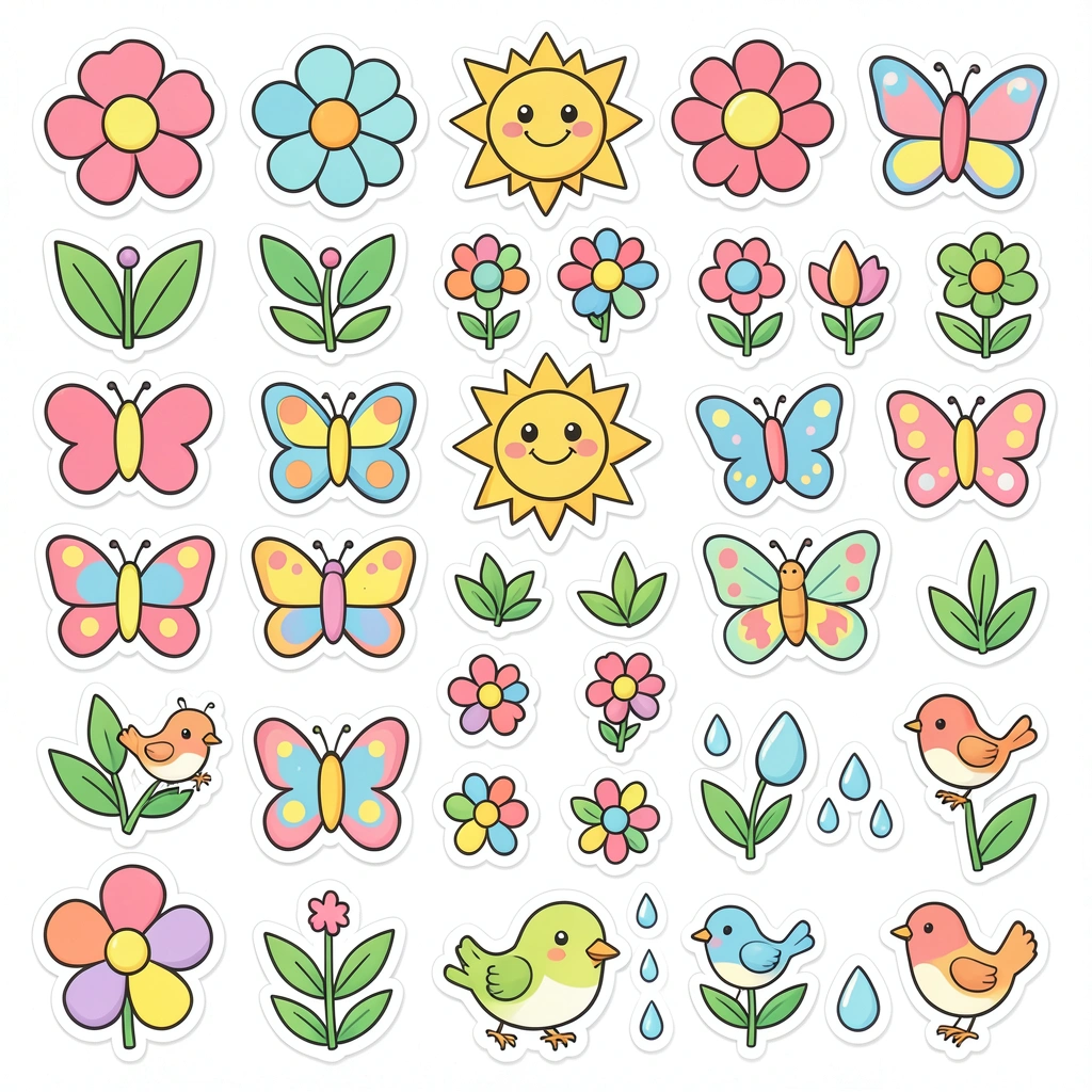 Arkusz naklejek wiosennych — małe ikony - Szablony - Pierwszy Dzień Wiosny