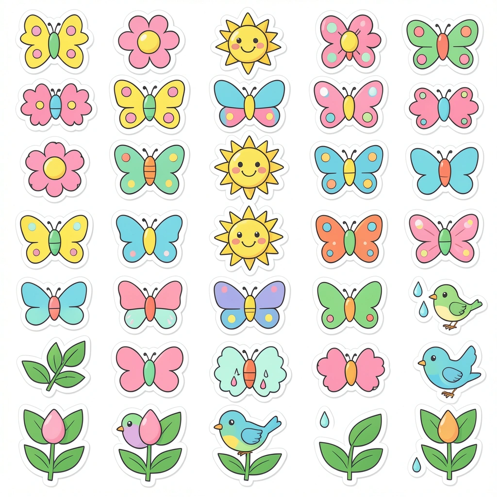 Arkusz naklejek wiosennych — małe ikony - Szablony - Pierwszy Dzień Wiosny