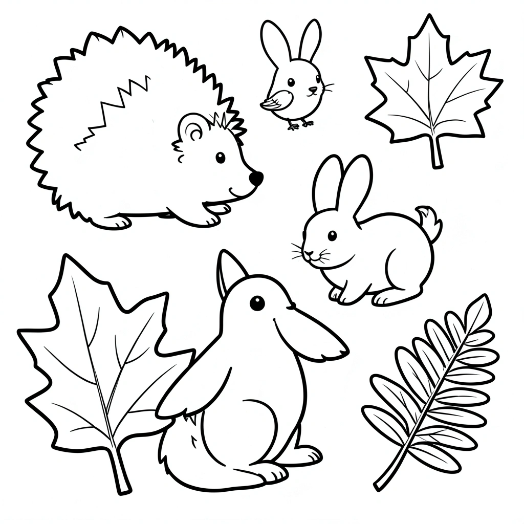 Arkusz kolorowanki — Zwierzątka i liście (prosty kontur) - Kolorowanki - Dzień Lasu