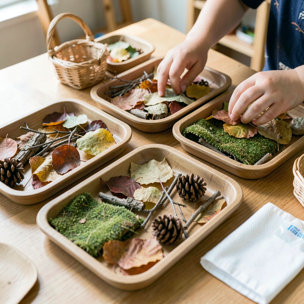 Stacja sensoryczna — tacki z naturalnymi materiałami - Materiały - Dzień Lasu