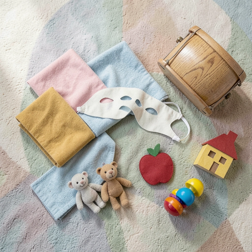 Zdjęcie rekwizytów na dywanie (flat lay) - Materiały - Dzień Teatru