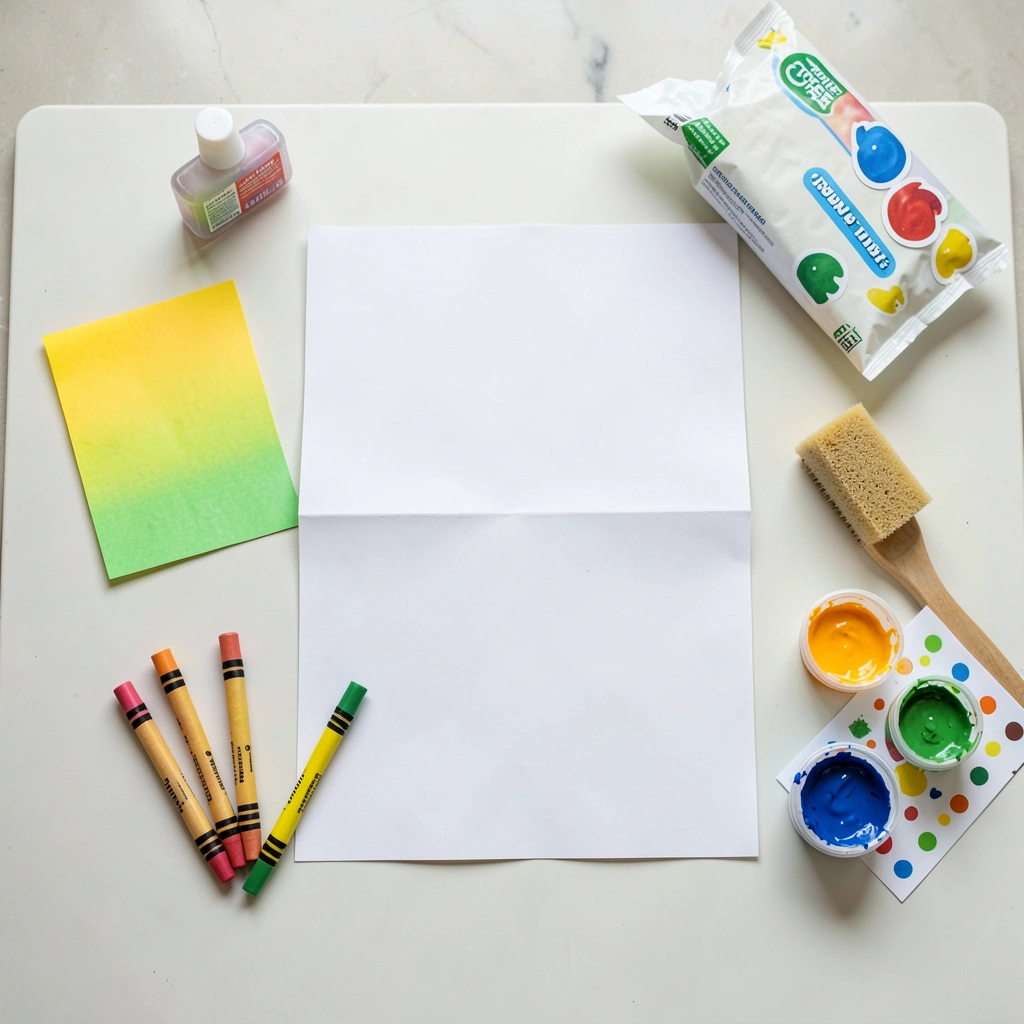 Ułożenie materiałów na stanowisku — zdjęcie z góry - Szablony - Dzień Książki dla Dzieci