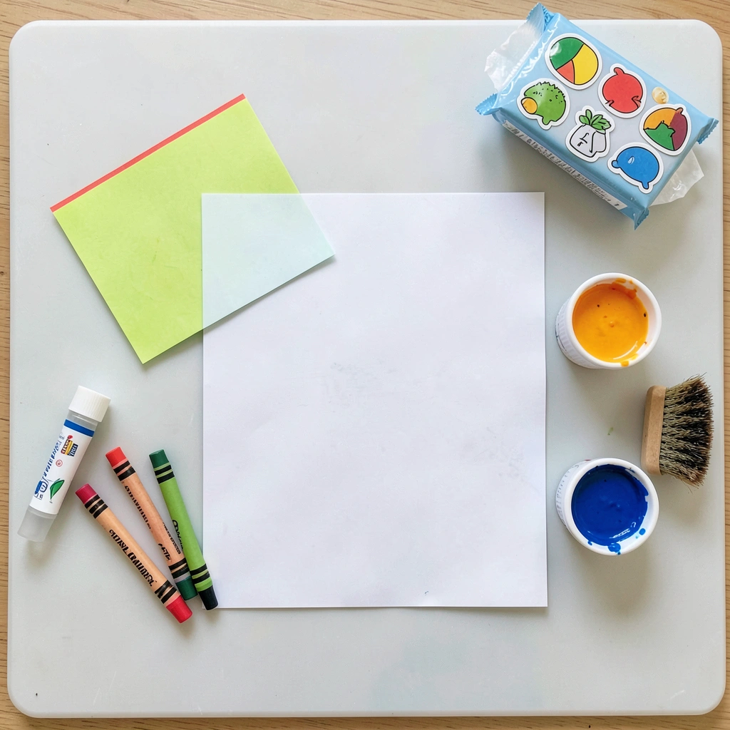 Ułożenie materiałów na stanowisku — zdjęcie z góry - Szablony - Dzień Książki dla Dzieci