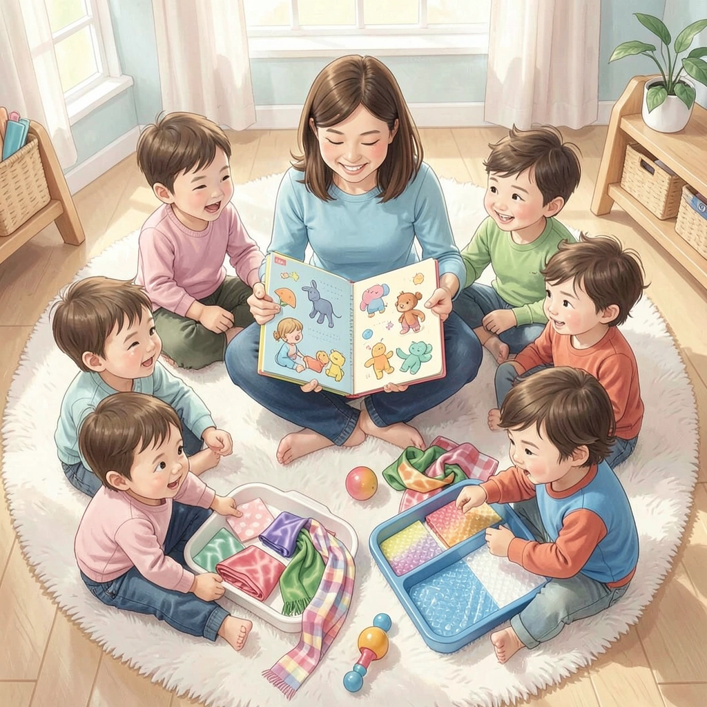 Plakat / ilustracja sceny zajęć — krąg na macie - Materiały - Dzień Książki dla Dzieci