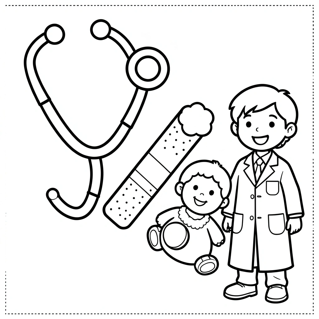 Kolorowanka — Mały doktor i przyrządy - Kolorowanki - Dzień Służby Zdrowia