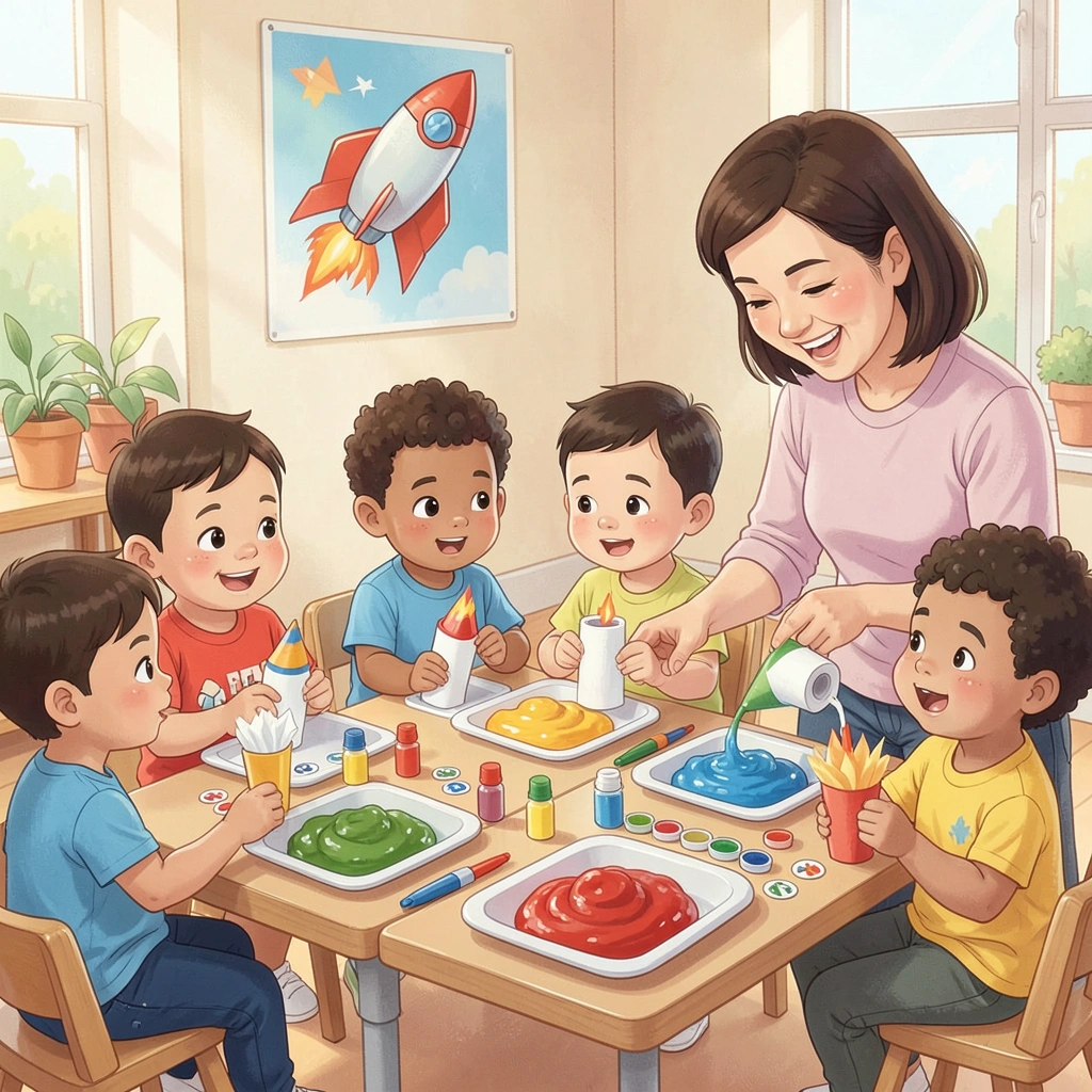 Scena z zajęć: dzieci robią rakiety przy stolikach - Materiały - Dzień Lotnictwa i Kosmonautyki