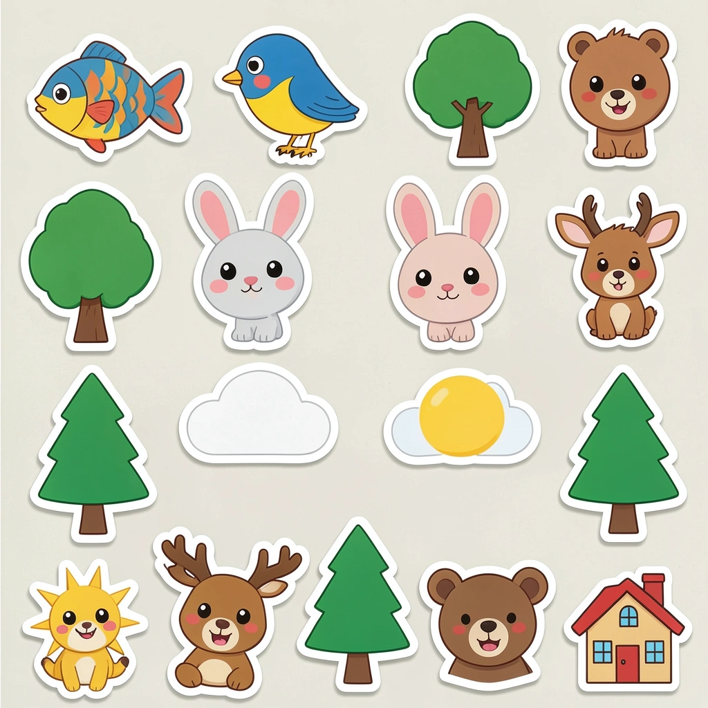 Zestaw naklejek: zwierzątka, drzewa, domy - Szablony - Dzień Ziemi