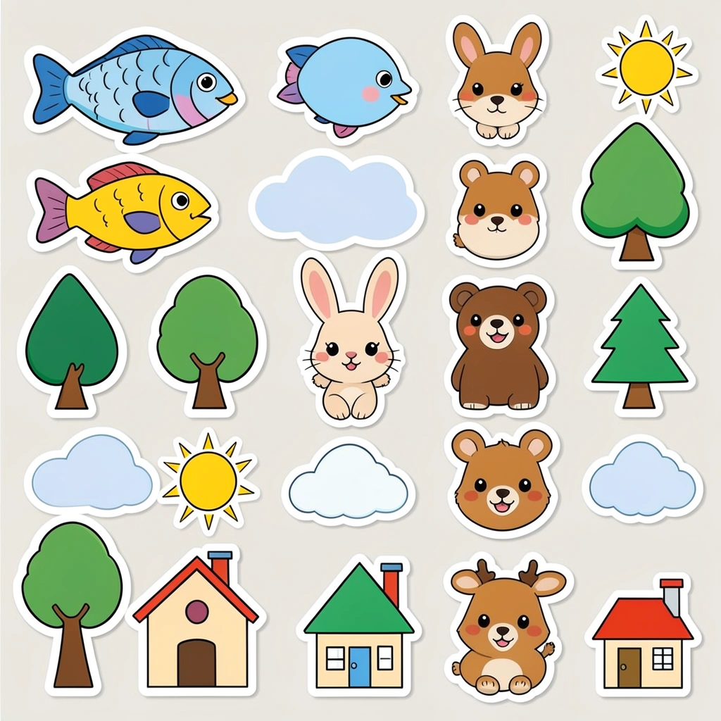 Zestaw naklejek: zwierzątka, drzewa, domy - Szablony - Dzień Ziemi