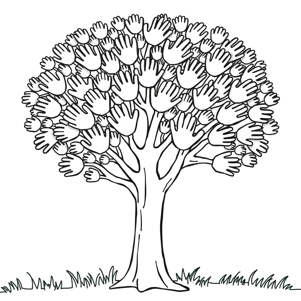 Kolorowanka: drzewko z odciskami dłoni - Kolorowanki - Prawa Dziecka