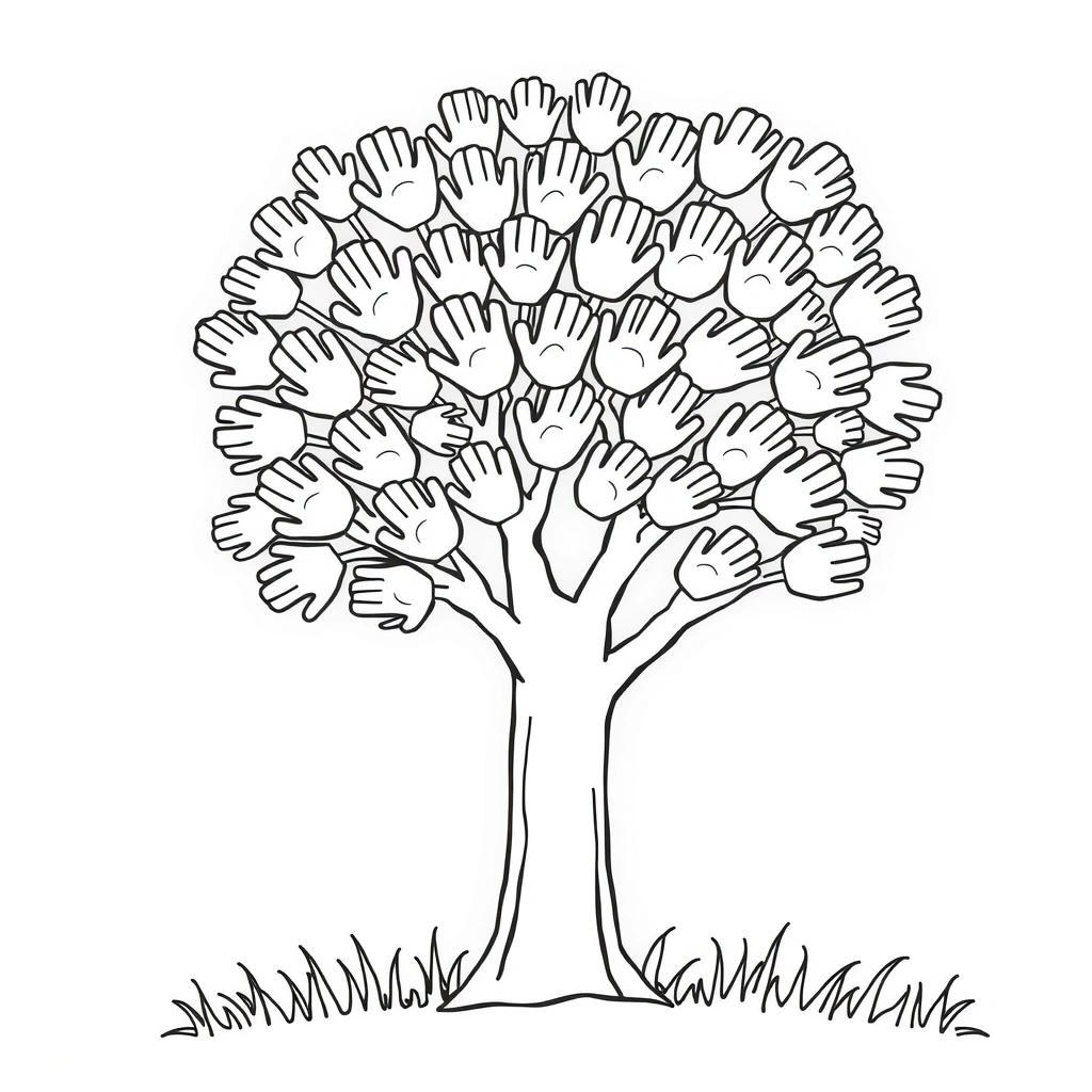 Kolorowanka: drzewko z odciskami dłoni - Kolorowanki - Prawa Dziecka