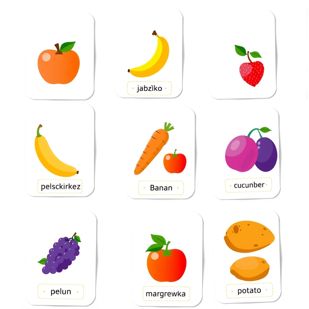 Karty z obrazkami owoców i warzyw (flashcards) - Szablony - Zdrowe Jedzenie