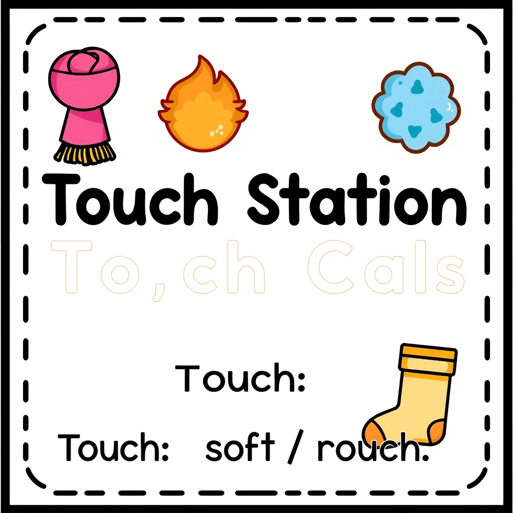 Etykieta stacji: Dotyk — Szarfy i miękkie skarby - Szablony - Dzień Seniora