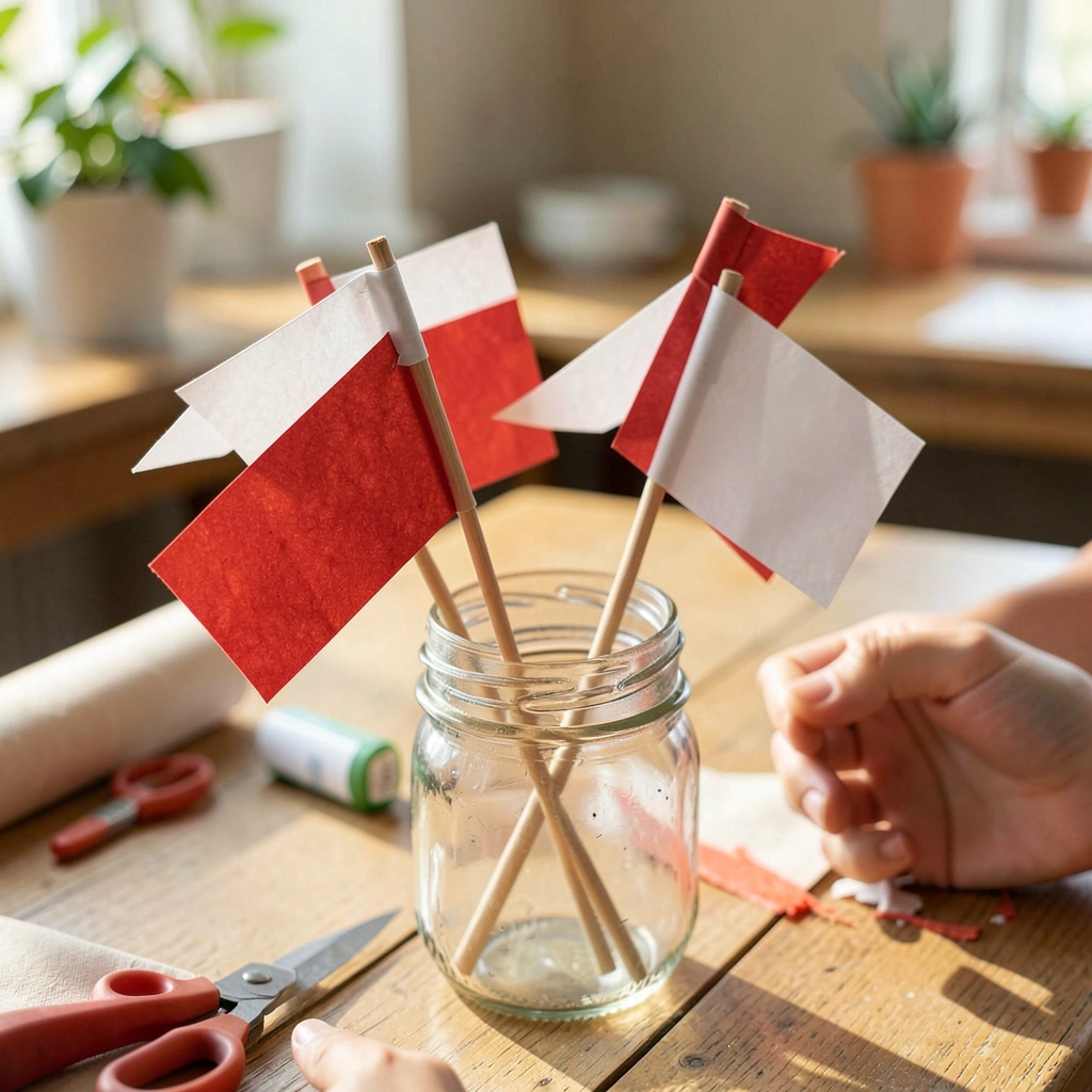 Aranżacja małych papierowych chorągiewek - Materiały - Święto Konstytucji