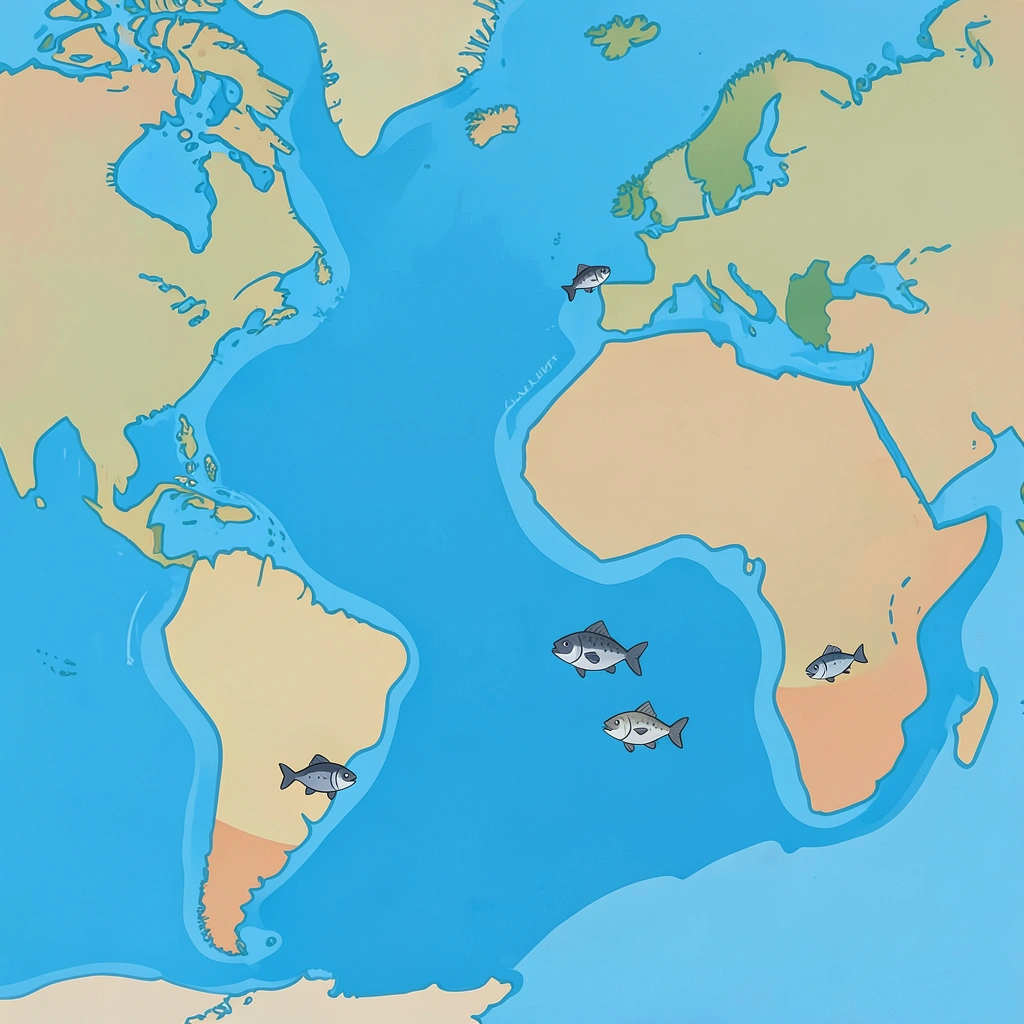 Mapka oceanu z miejscami występowania tuńczyka - Materiały - Światowy Dzień Tuńczyka