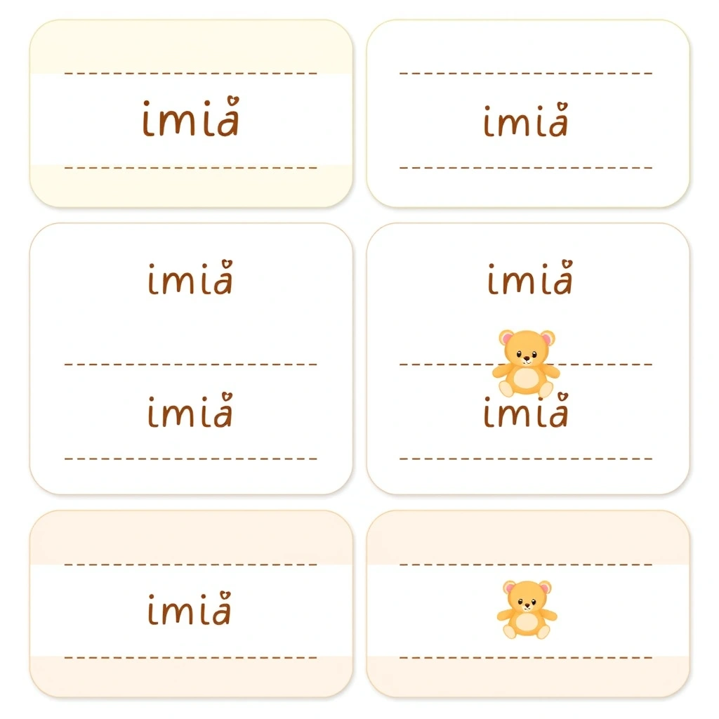 Karteczki z imionami dla pluszaków — szablon A4 - Szablony - Pierwszy dzień w żłobku