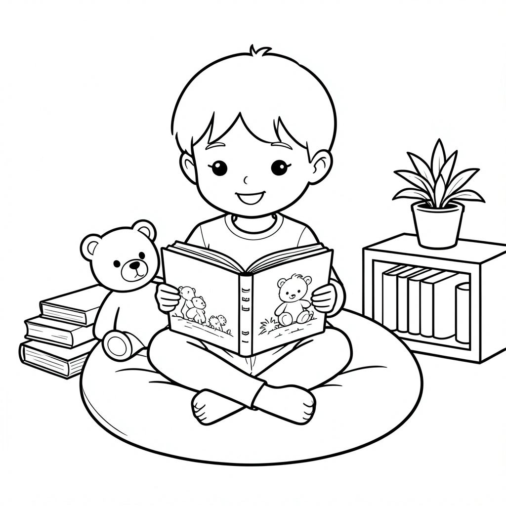Kolorowanka: Dziecko czyta w kąciku - Kolorowanki - Biblioteka
