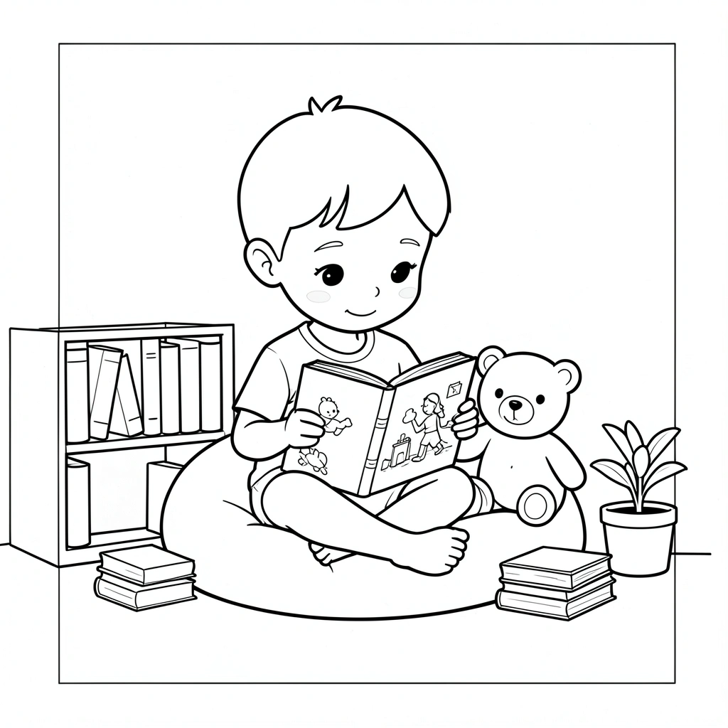 Kolorowanka: Dziecko czyta w kąciku - Kolorowanki - Biblioteka
