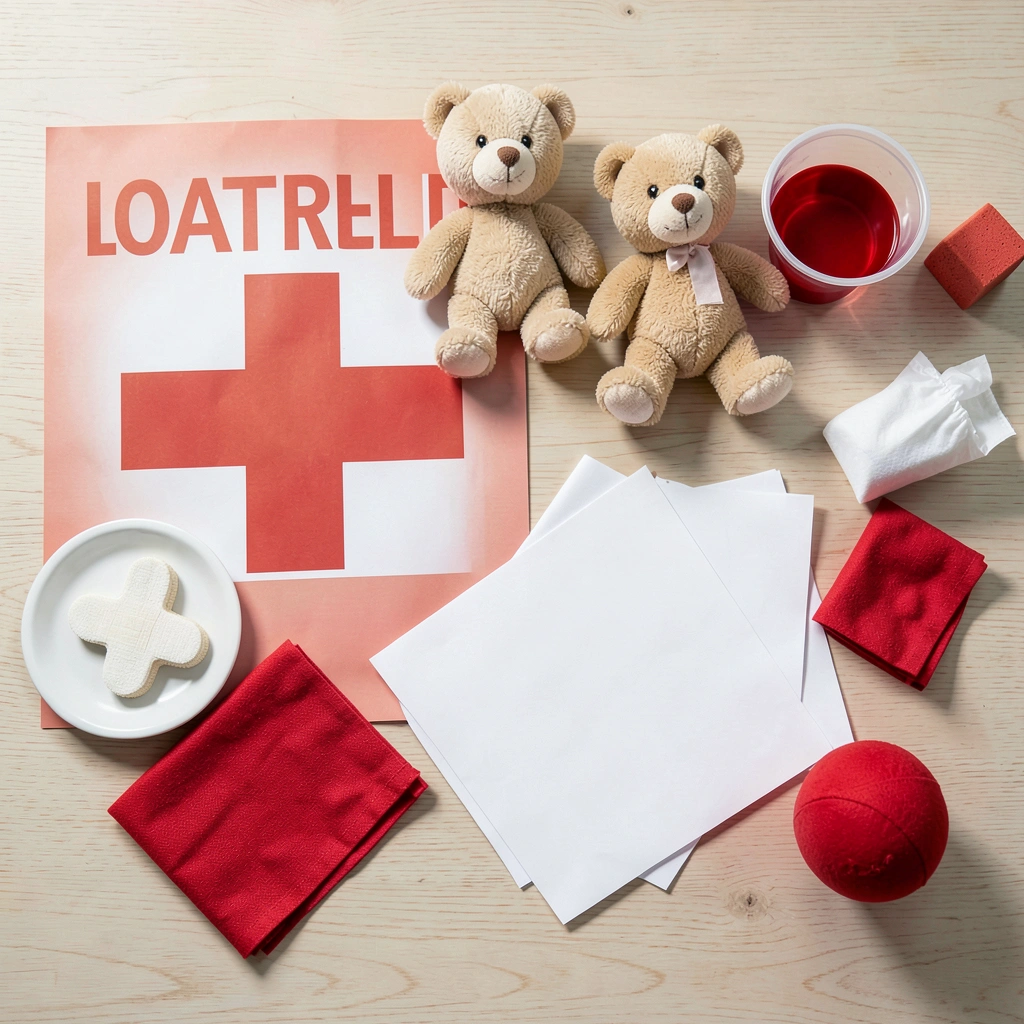 Flatlay: Zestaw materiałów do zajęć - Szablony - Światowy Dzień Czerwonego Krzyża