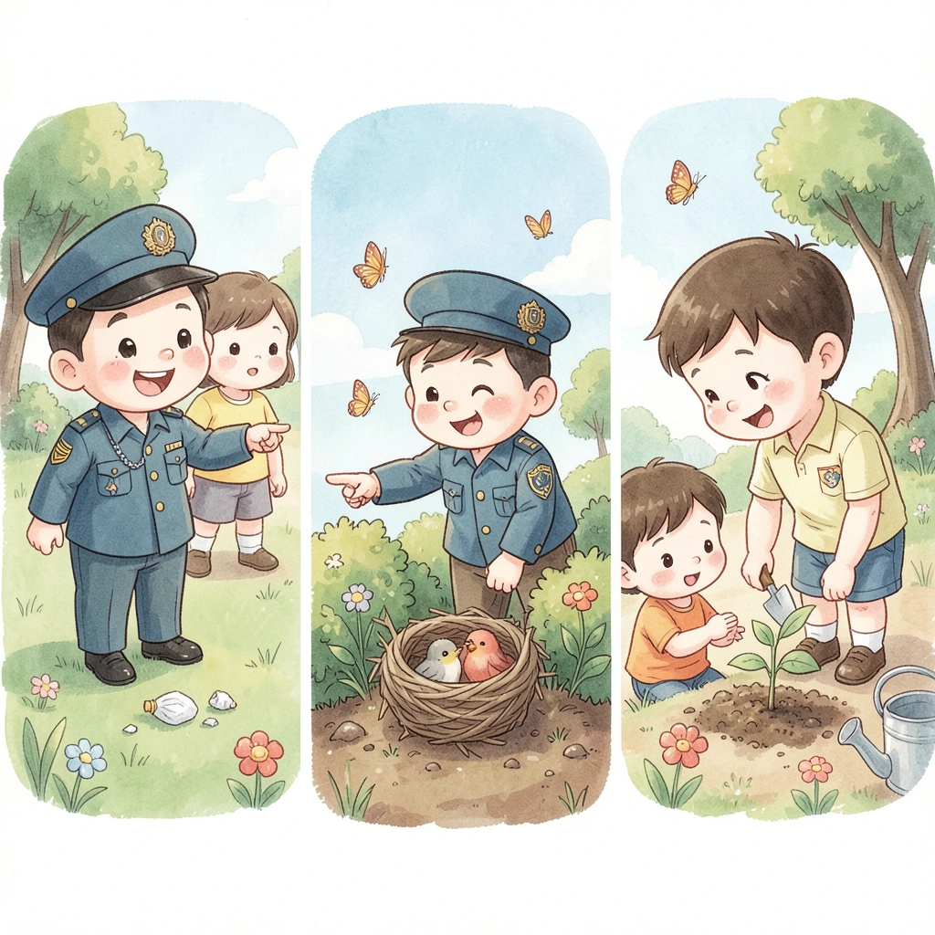 Ilustracja do opowieści: Strażnik znajduje śmieci i sadzi drzewko - Materiały - Święto Straży Granicznej