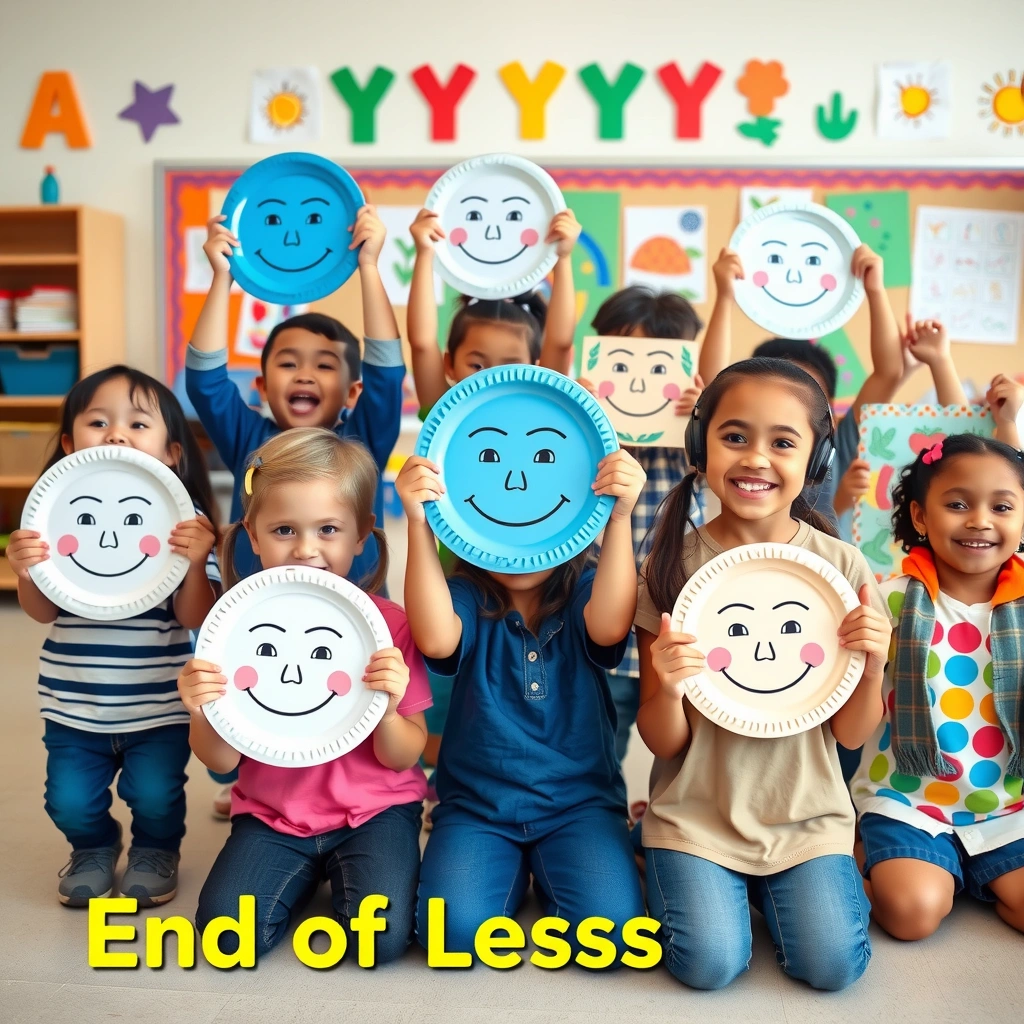 Zdjęcie zakończeniowe: Dzieci pokazują maski - Materiały - Dzień Uśmiechu