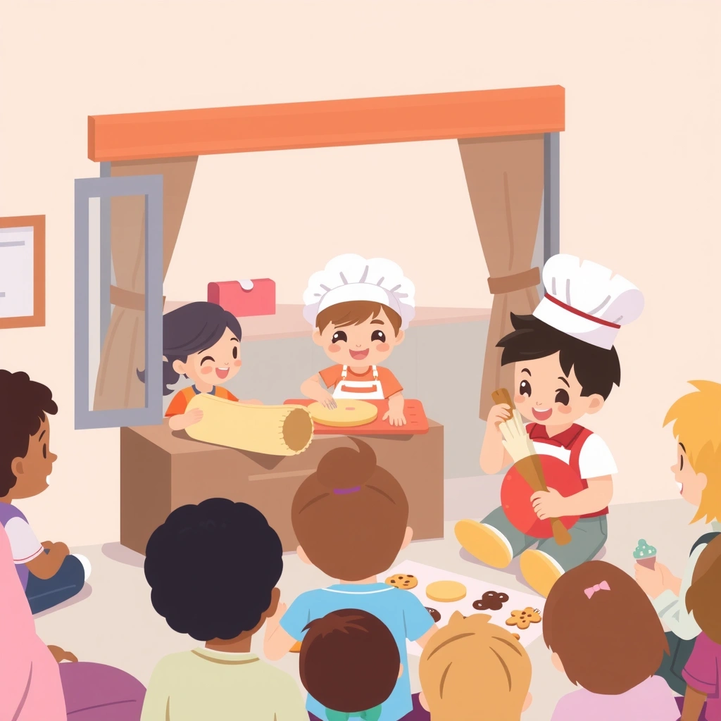 Ilustracja sceny teatrzyku — dzieci odgrywają piekarnię - Materiały - Dzień Piekarza i Cukiernika