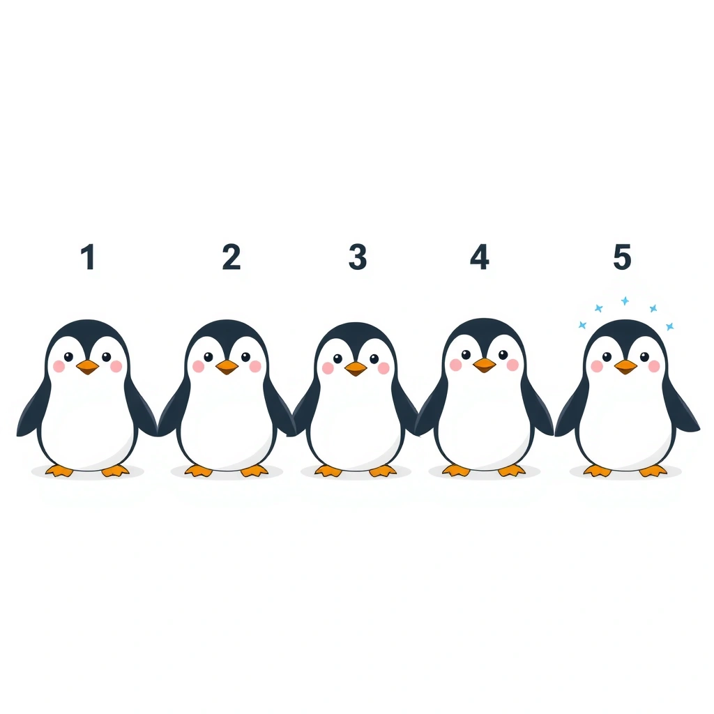 Plansza z pięcioma pingwinami ponumerowanymi 1–5 - Szablony - Dzień Pingwina Międzynarodowy