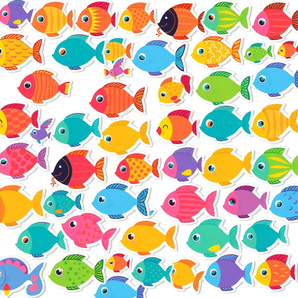 Arkusz naklejek: Małe kolorowe rybki - Materiały - Dzień Ryby