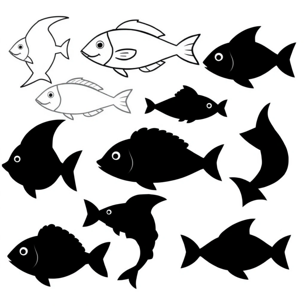 Szablony wycinanek: zestaw rybek w różnych kształtach - Szablony - Dzień Ryby