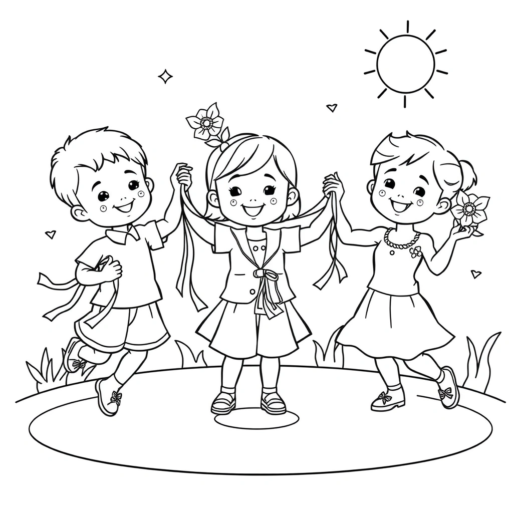 Kolorowanka — Tańczące dzieci i kwiaty - Kolorowanki - Dzień Kobiet