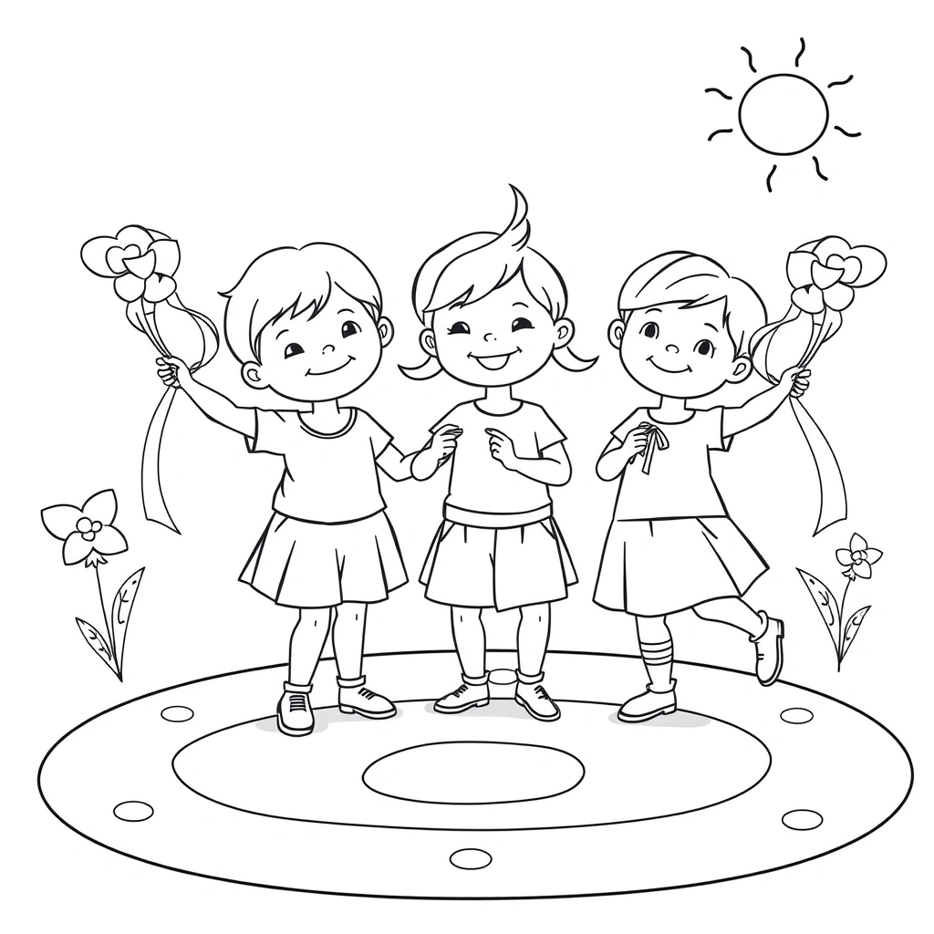 Kolorowanka — Tańczące dzieci i kwiaty - Kolorowanki - Dzień Kobiet