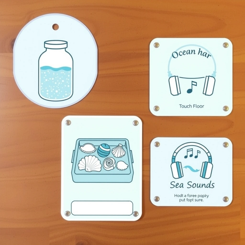 Tabliczki-stacje: Słoik oceaniczny / Dotykowe dno / Dźwięki mórz - Szablony - Dzień Łodzi Podwodnej