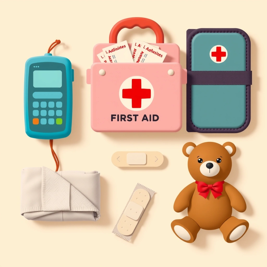 Ilustracja rekwizytów apteczki (flat lay) - Materiały - Dzień Pierwszej Pomocy